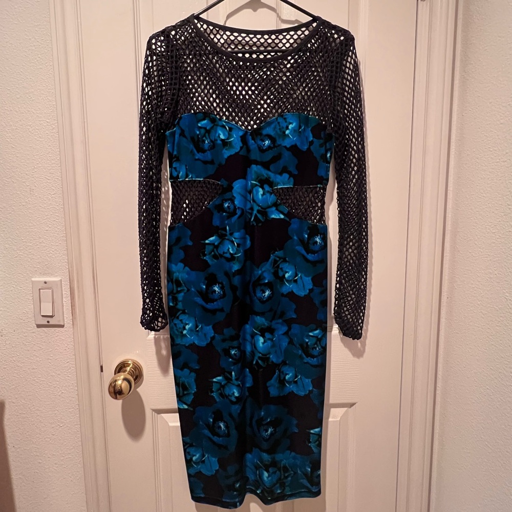ASOS fitted midi blue flower dress with net detailing US 8